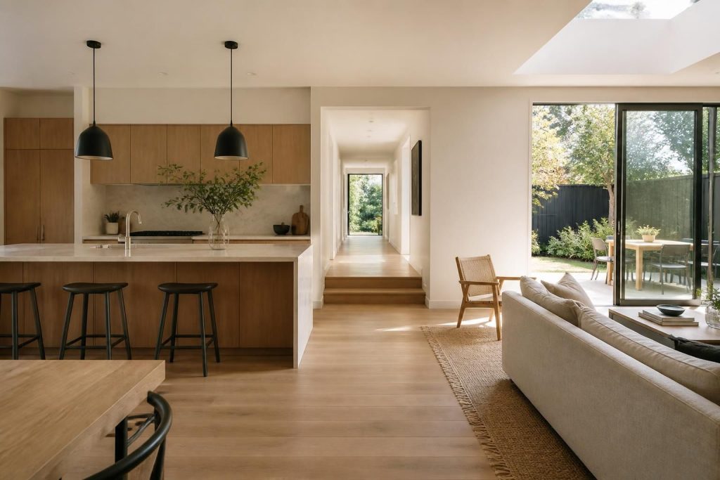 Bright open-plan renovated home interior with kitchen and living space.