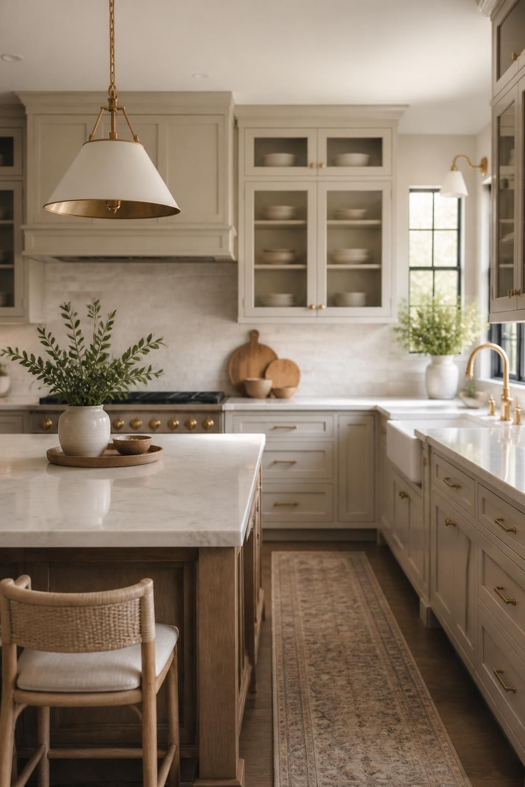 Finished remodeled kitchen with elegant cabinets and warm light.