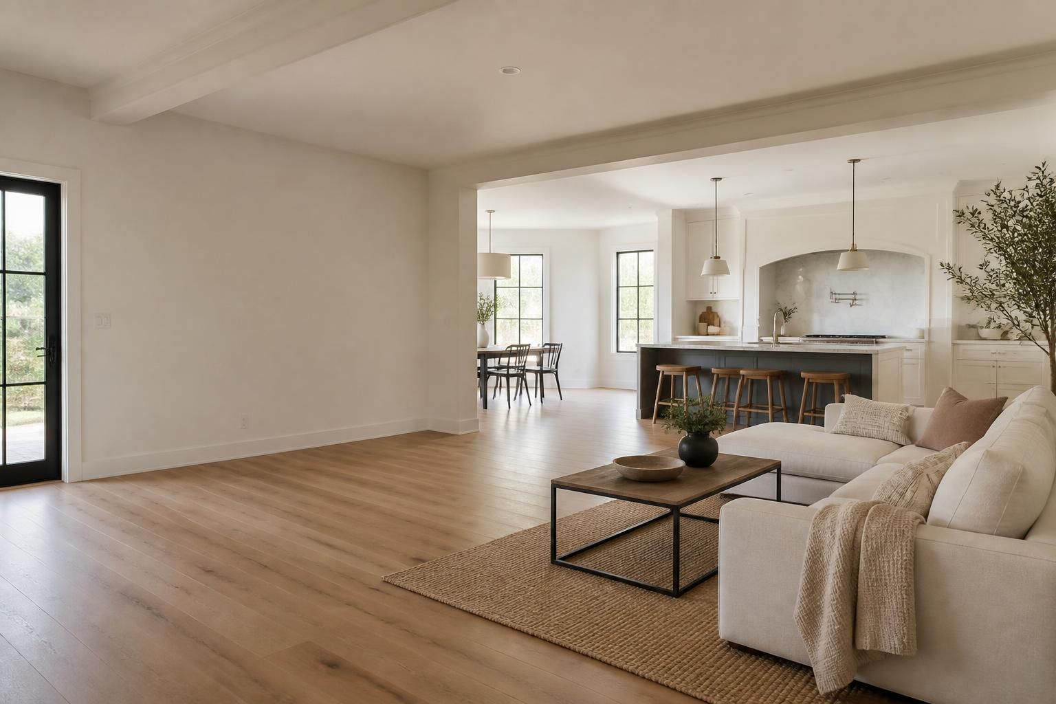 Spacious renovated living area with open space for text overlay.